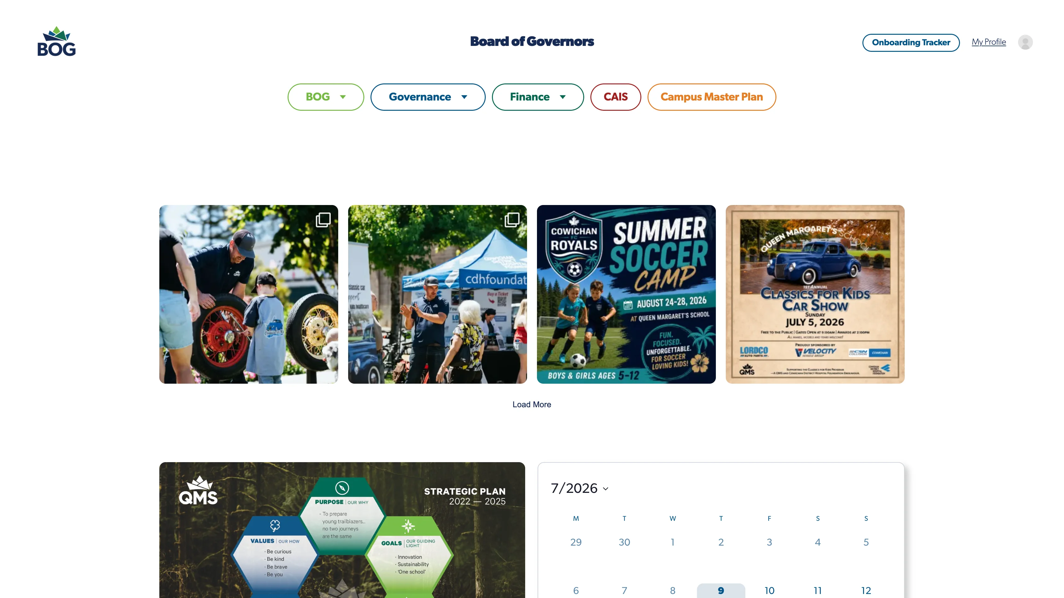 Queen Margaret’s School Board of Governors portal dashboard showing role-aware navigation for BOG, Governance, Finance, CAIS, and Campus Master Plan, with a school social feed, strategic plan tile, and shared calendar.
