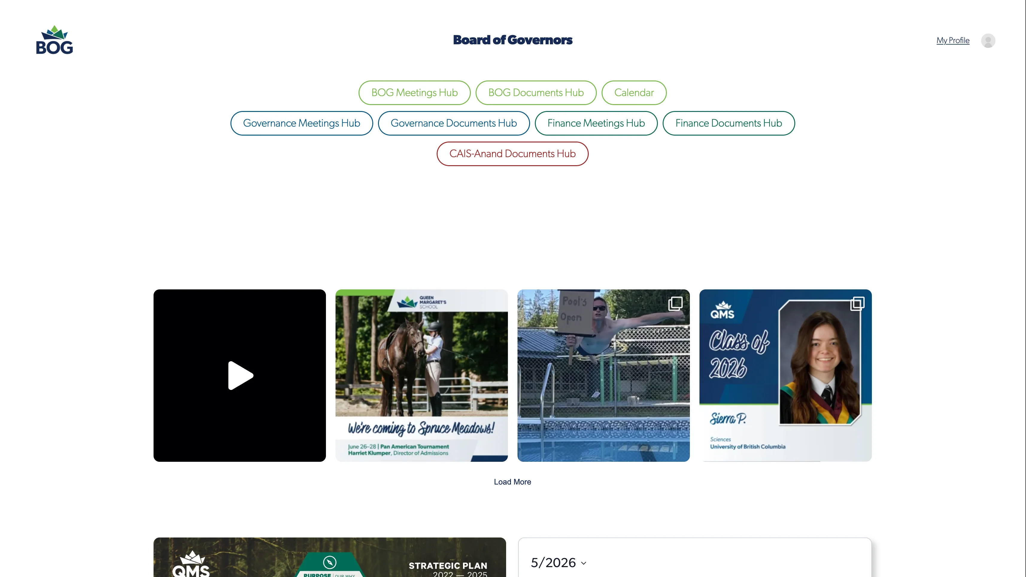 Queen Margaret’s School Board of Governors portal dashboard showing role-aware tiles for Board, Finance Committee, Governance Committee, Calendar, and an executive-only documents area.